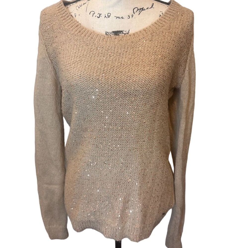 Tommy Hilfiger Women's Sequin Embellished Knit Sweater Beige Long Sleeve